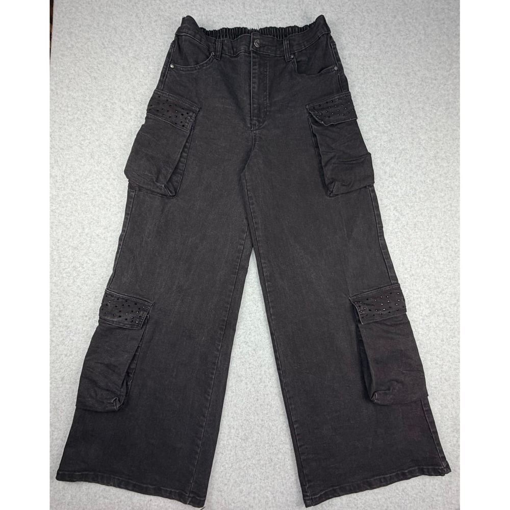 Madden NYC Women Black Rhinestone Studded Cargo Wide Leg Jeans Size S WMGPW108X1